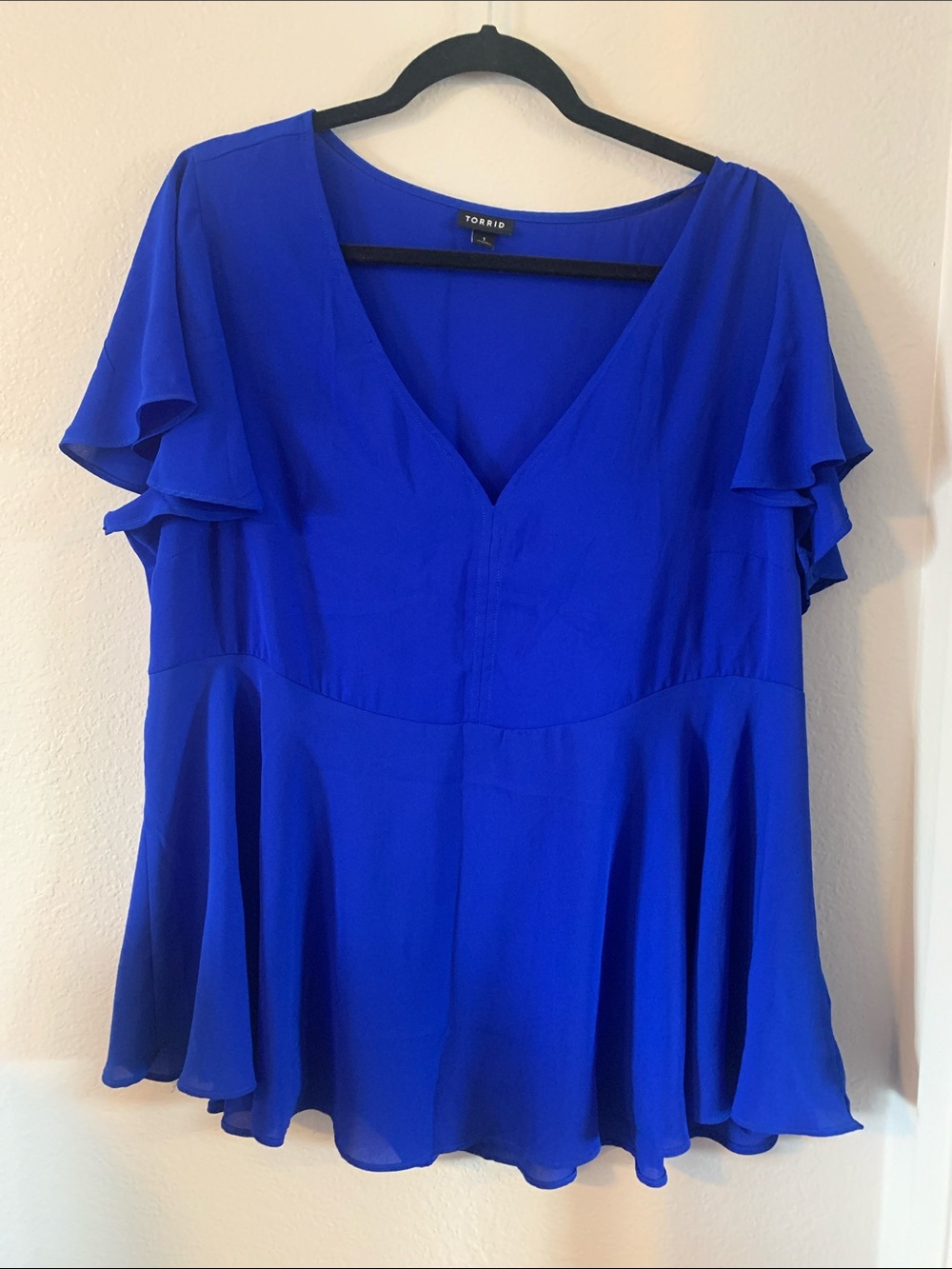 torrid Cobalt Blue V-Neck Flutter Sleeve Peplum Blouse 1x
